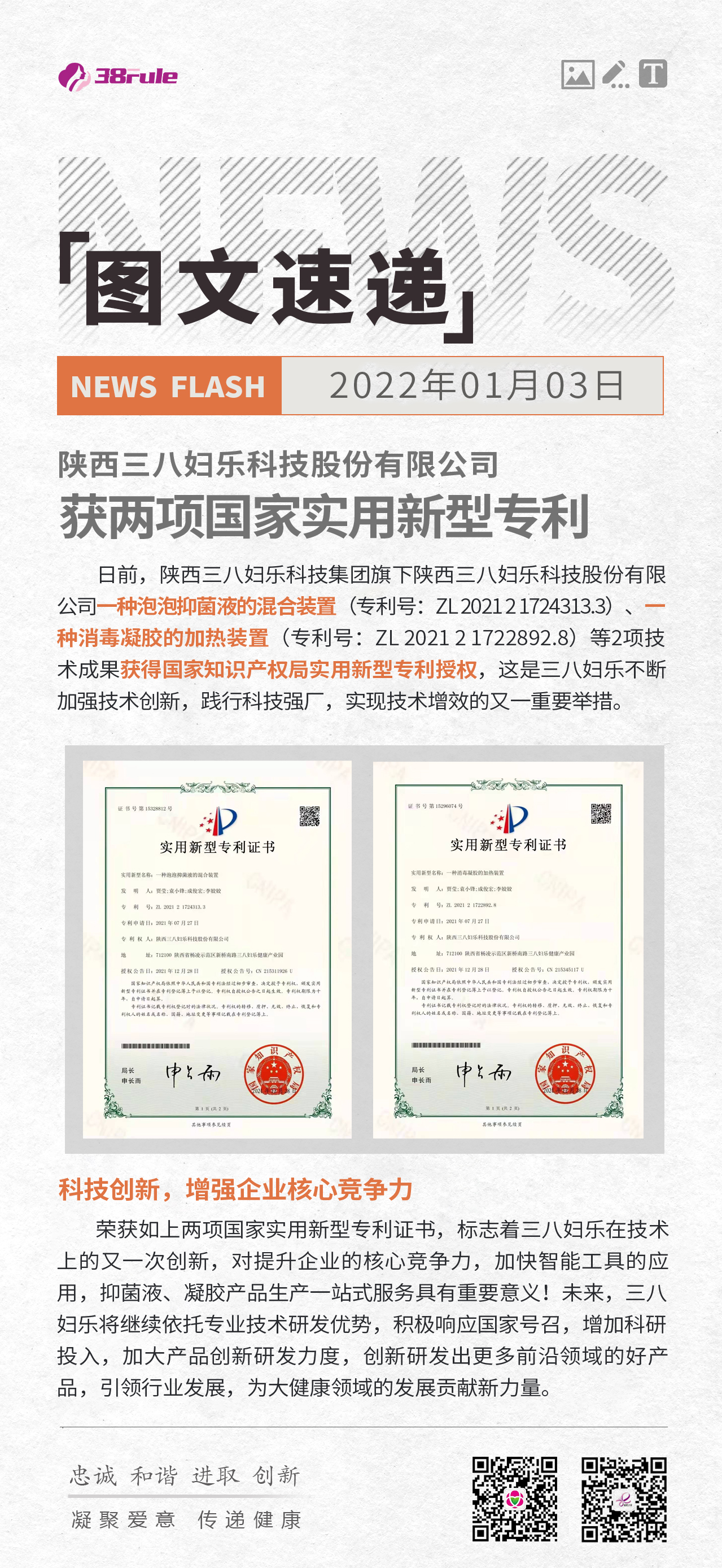 陕西三八妇乐科技股份有限公司获两项国家实用新型专利